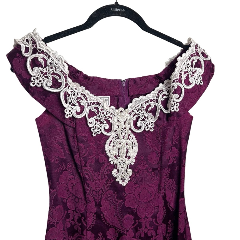 Jessica McClintock Brocade off shoulder Gunne Sax Dress lace top back zip EUC - Picture 2 of 9